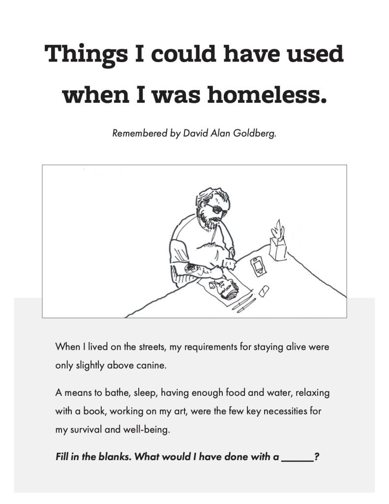 A drawn page by David Alan Goldberg from Things I Could Have Used While Homeless