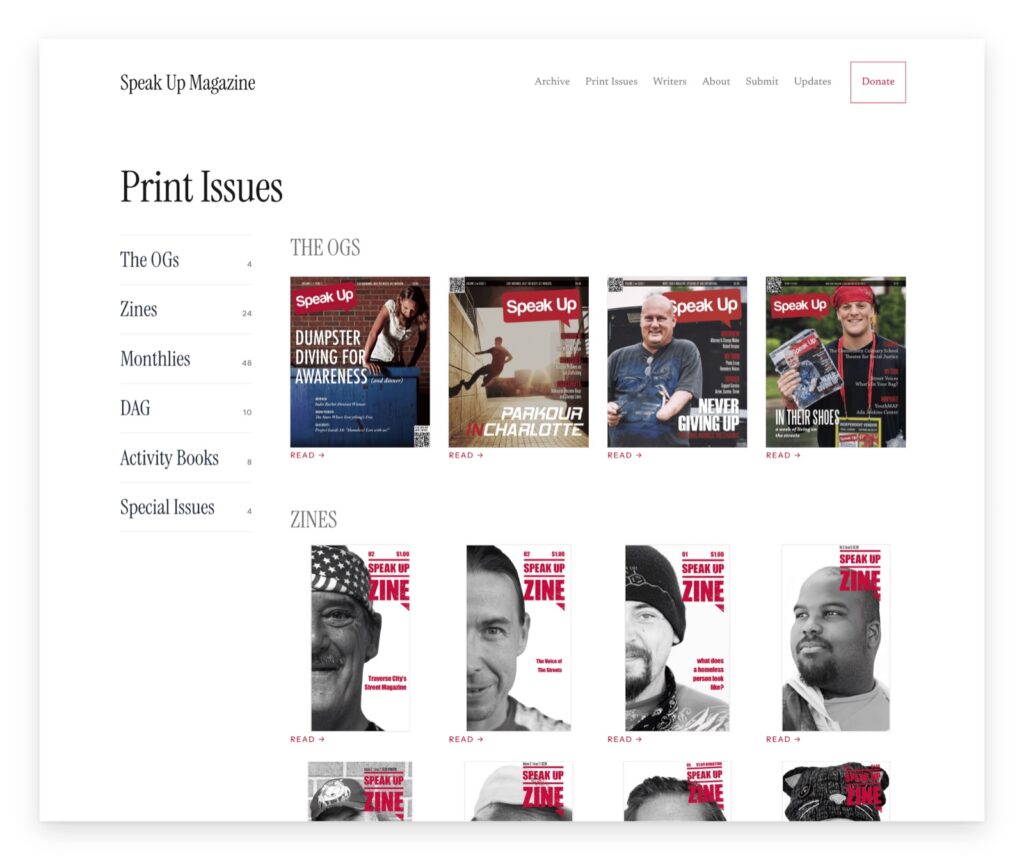 Screenshot of the Speak Up Magazine print issues page