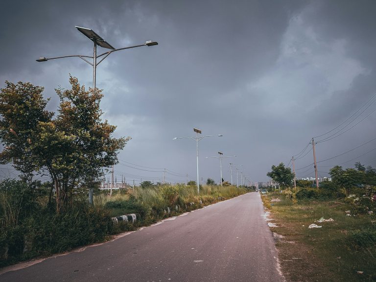 a street light on a cloudy day in a rural area