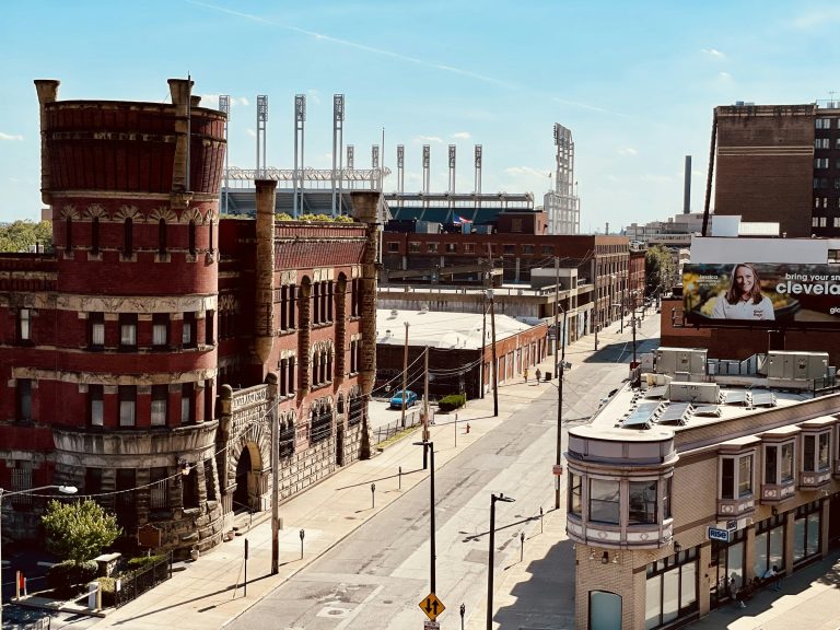 a street with buildings on the side, Cleveland